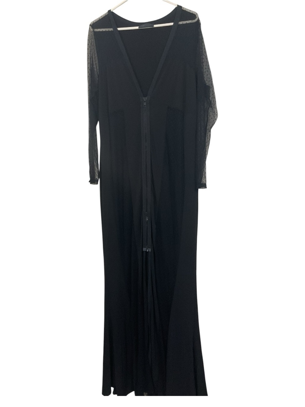 Katy USA Women’s 3X Black Maxi Dress Full Zip Sheer Lace Dot Panels Long Sleeve